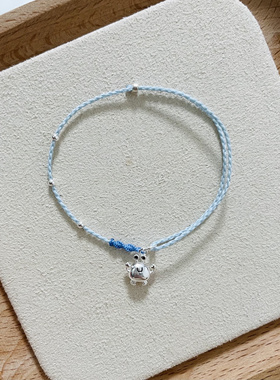 纯银蓝色小螃蟹手链可调节送闺蜜礼物清冷感简约极细白色手编绳