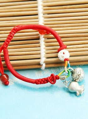 舞泽天925银福星宝宝猪惊骨铃铛精编红绳手链 宝宝大人七色绳红绳
