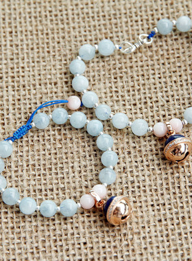 6mm天然海蓝宝925纯银青金铃铛银珠手链 可作母子对