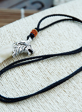 925银泰银狼头龙身牙套超大藏獒牙黑狗牙项链