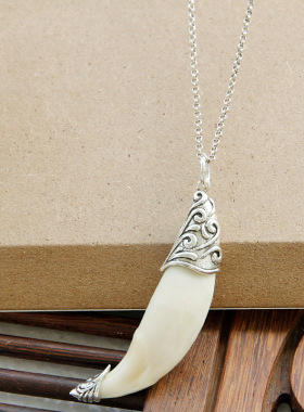 舞泽天925纯银泰银勇气超长藏獒牙黑狗牙项链个性野性男女礼物