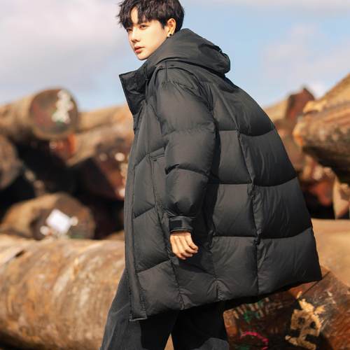 中长款轻薄羽绒服男士冬季潮流新款青少年羽绒衣外套2024连帽男装 - 图1