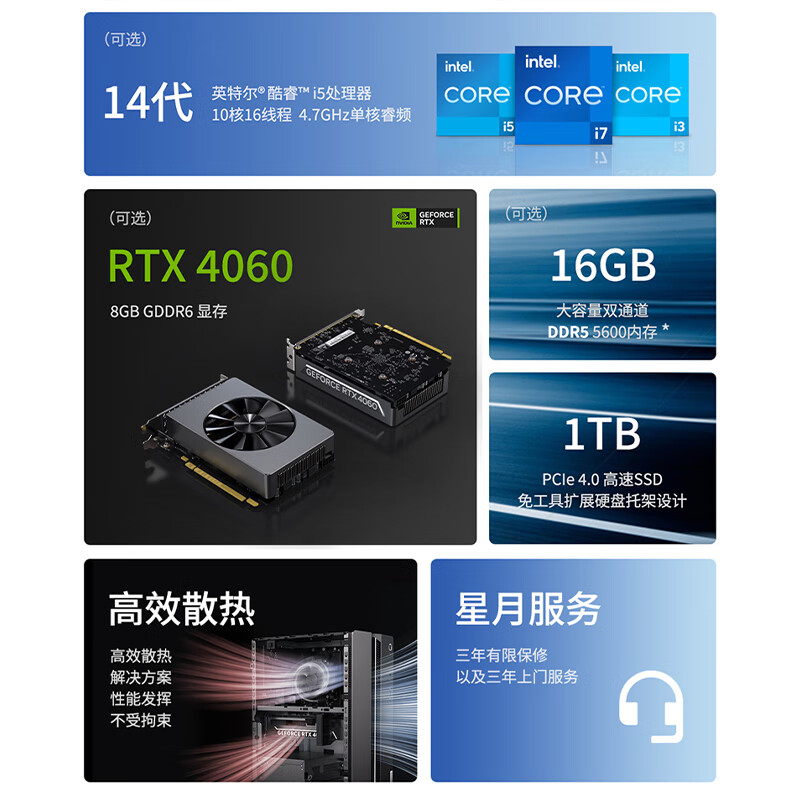 联想台式机电脑GeekPro 2024新款14代英特尔酷睿i5/i7家用游戏电竞高配设计师台式机电脑RTX4060Ti独显