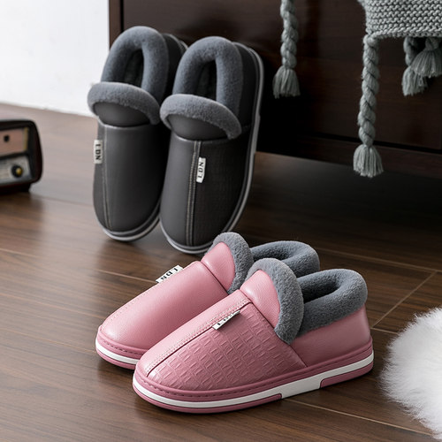 利达妮防水棉拖鞋女冬室内家居防滑包跟皮面棉鞋加绒加厚外穿拖鞋 - 图0