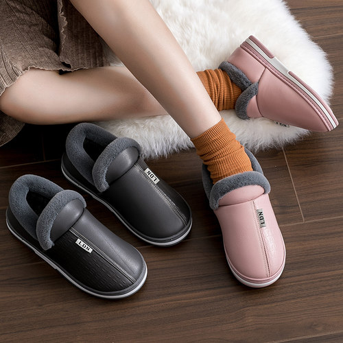 利达妮防水棉拖鞋女冬室内家居防滑包跟皮面棉鞋加绒加厚外穿拖鞋 - 图3