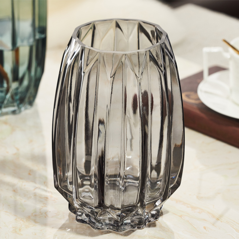 简约竖棱玻璃花瓶创意彩色透明百合花器客厅大号水养插花花瓶摆件-图1