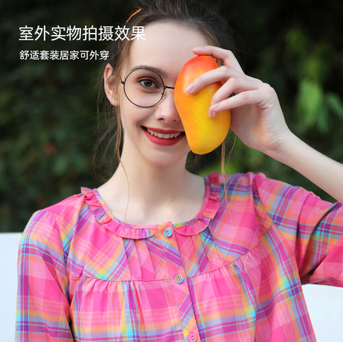 美标春夏女士纯棉短袖睡衣薄款全棉质格子开衫家居服套装秋可外穿 - 图0