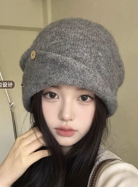 韩系翻边堆堆帽子女秋冬季百搭大头围显脸小保暖护耳针织包头冷帽