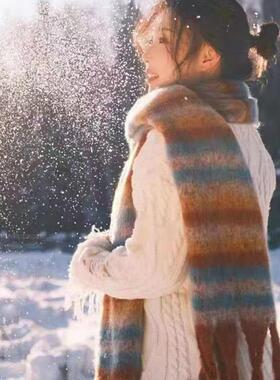 虞书欣同款马海毛蓝咖格子围巾女冬季加厚保暖韩版百搭围脖披肩潮