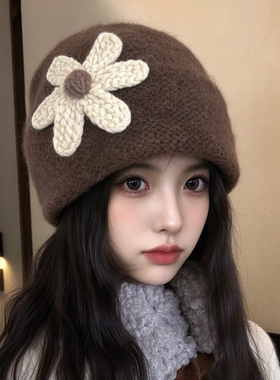 2026新款花朵毛线帽子女秋冬季保暖护耳防寒大头围显脸小针织帽潮