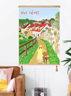 奶油风法式街景卧室客厅装饰画小清新儿童房挂画春日桃花电表箱画