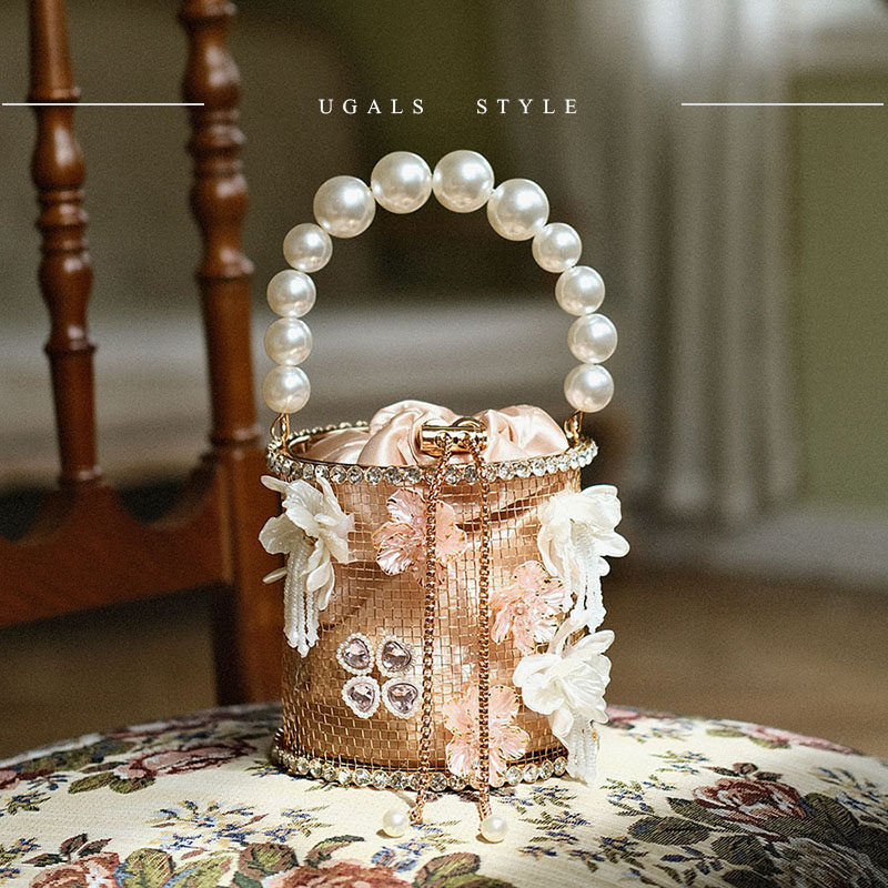 UGALS法式复古珍珠花朵水钻菜篮子鸟笼水桶女宴会名媛斜挎手拿包,淘宝优惠券,粉丝福利购,淘宝优惠卷