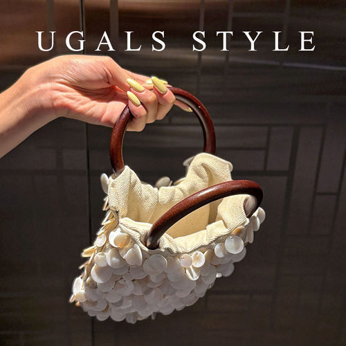 UGALS重工时尚百搭手工编织串珠珍珠贝壳菜篮子水桶手拿斜挎包包-图3