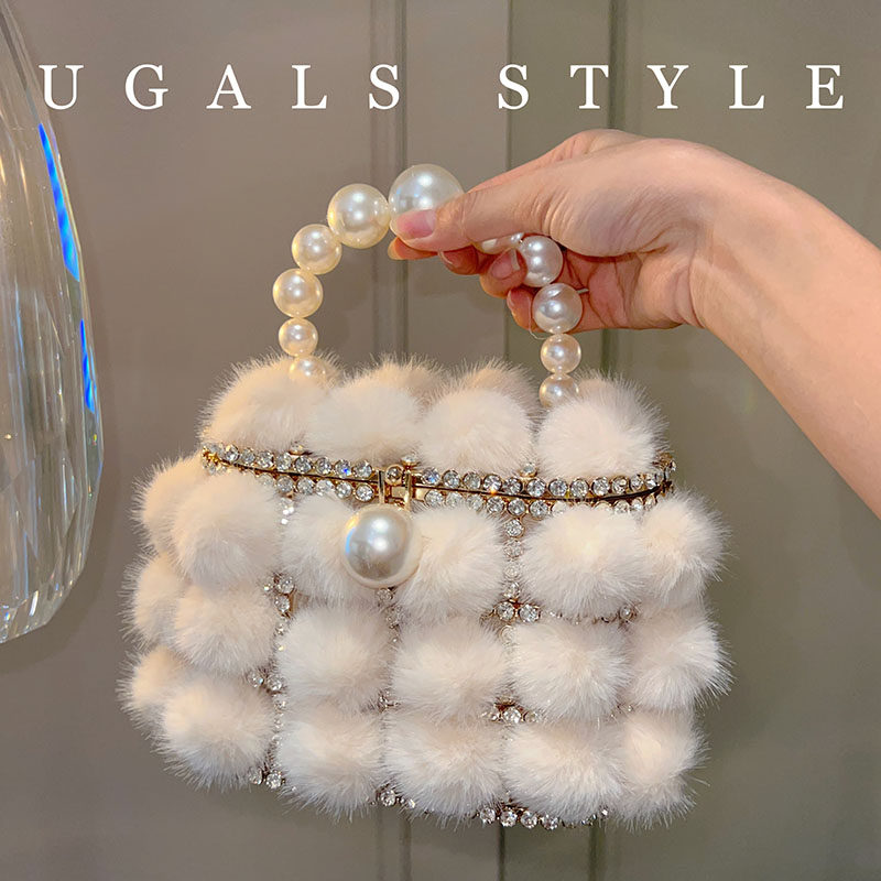 UGALS秋冬毛茸水貂毛绒金属菜篮子水桶宴会鸟笼水钻手拿斜挎包,淘宝优惠券,粉丝福利购,淘宝优惠卷