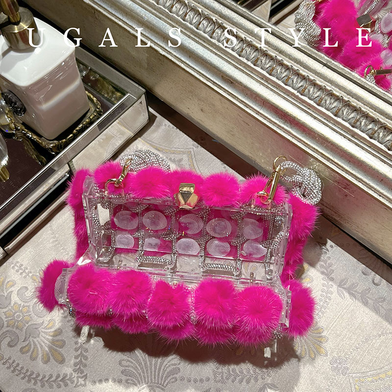 UGALS秋冬毛茸手工编织闪亮不灵水钻宴会真兔毛绒腋下斜挎小方包 - 图2