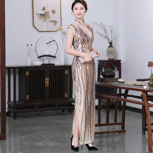 旗袍长款优雅舞台走秀演出服四季款闪闪亮片绣花新中式喜妈妈礼服 - 图1