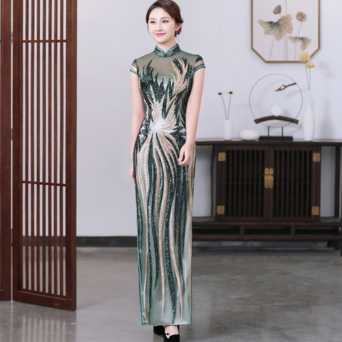 旗袍长款优雅舞台走秀演出服四季款闪闪亮片绣花新中式喜妈妈礼服 - 图0