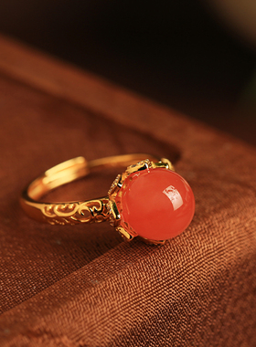 小银匠天然南红开口国风纯银戒指