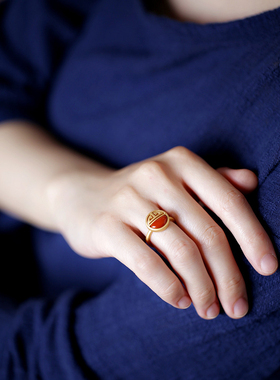 吉时吉利天然南红复古纯银戒指
