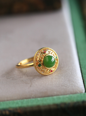 小银匠天然和田碧玉纯银开口戒指