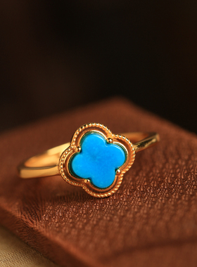 小银匠绿松石纯银开口四叶草戒指