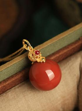小银匠天然朱砂圆珠吊坠纯银项链