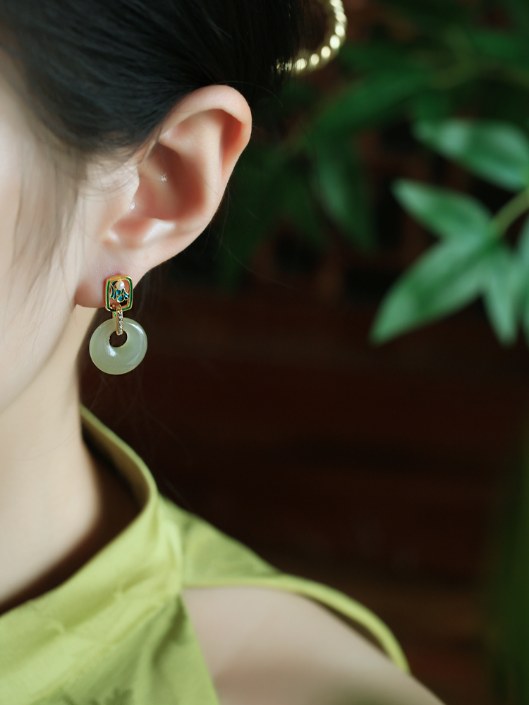 和田玉纯银珐琅彩平安扣耳环女新中式国风旗袍古风玉耳饰耳坠耳钉 - 图0