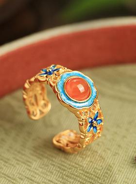 小银匠天然南红古法金花丝银戒指