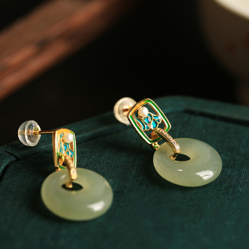 和田玉纯银珐琅彩平安扣耳环女新中式国风旗袍古风玉耳饰耳坠耳钉 - 图1