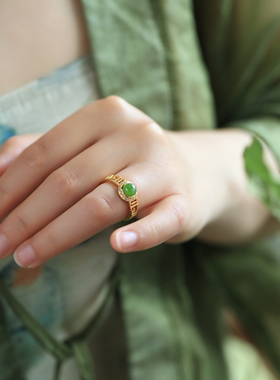 小银匠天然碧玉纯银镶钻开口戒指