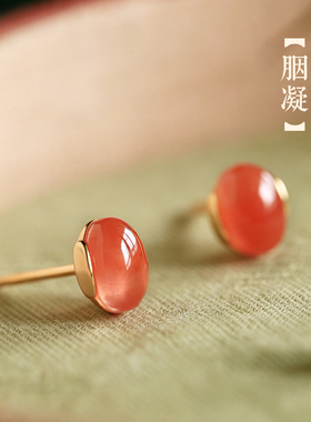 小银匠天然冰种南红纯银玉石耳钉