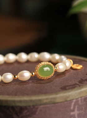 小银匠腕间春色天然珍珠碧玉手链
