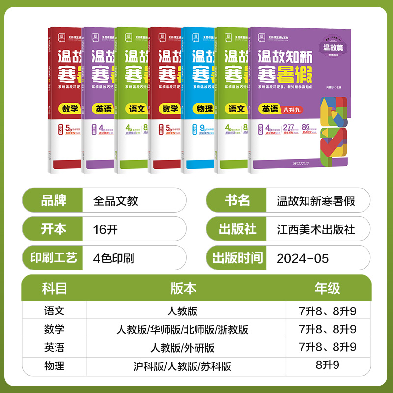 2024全品温故知新寒暑假作业七八年级上册初中初一初二语文数学英语物理人教北师华师版沪科苏科外研同步训练习册作业本预复习衔接