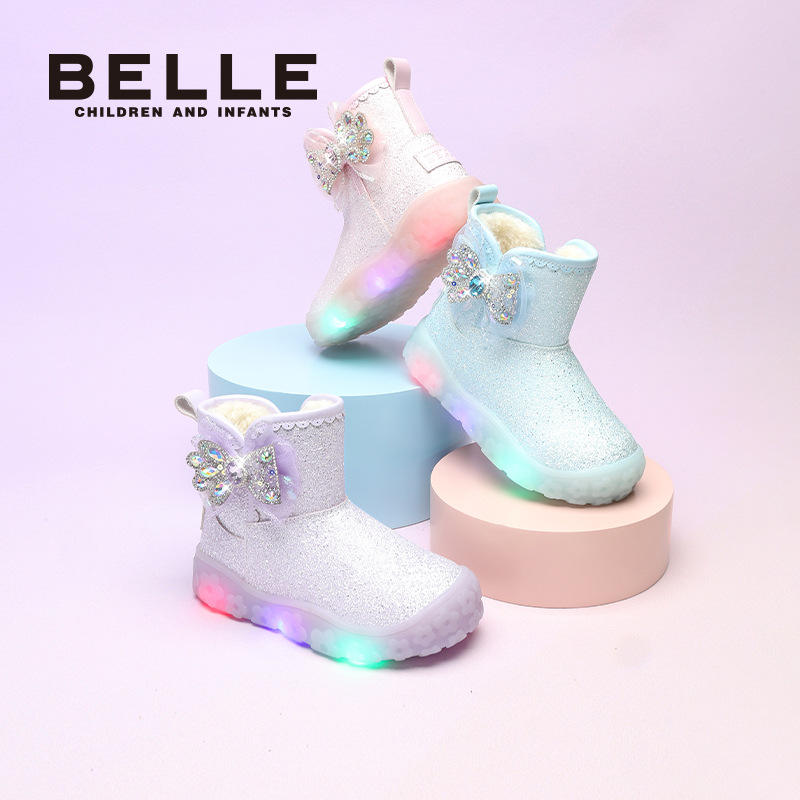 百丽童鞋女童闪灯鞋雪地靴2025冬季新款加绒保暖儿童公主靴大棉鞋