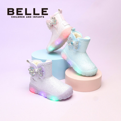 百丽童鞋女童闪灯鞋雪地靴2025冬季新款加绒保暖儿童公主靴大棉鞋 - 图0
