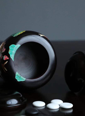 印度小叶紫檀红木彩绘密封围棋罐