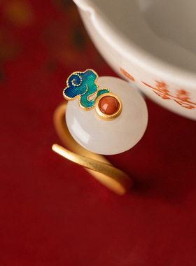 和田玉平安扣戒指玉质烧蓝掐丝珐琅景泰蓝指环复古南红故宫开口戒