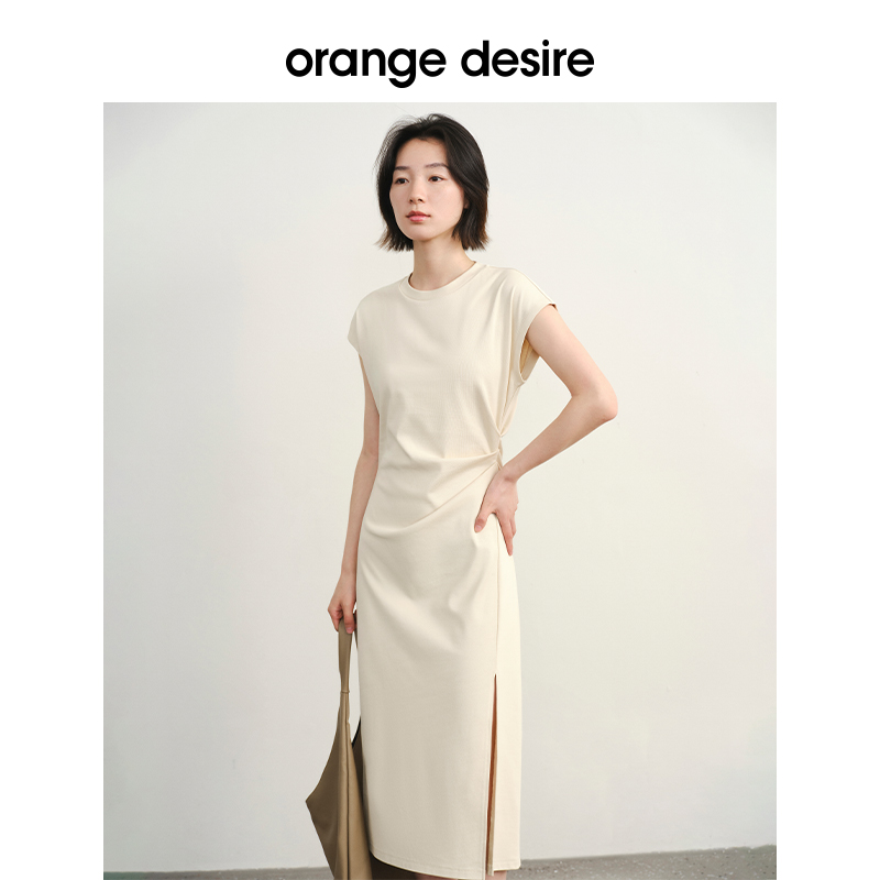 【现货-梨型天菜】orange desire简约捏褶正肩短袖连衣裙2024夏新 - 图0