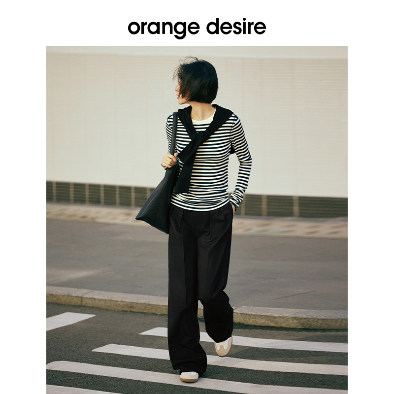 orange desire休闲松弛感紧身撞色条纹长袖T恤女2024春季新款打底 - 图2