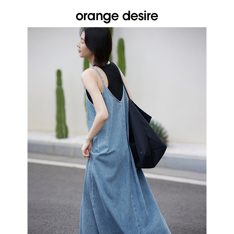 orange desire慵懒度假风吊带连衣裙女2024夏新款V领宽松牛仔长裙