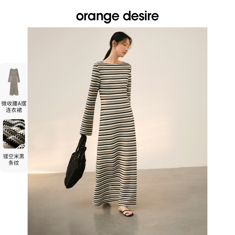 【限时直降】orange desire优雅条纹镂空长袖连衣裙女2024春新款 - 图0