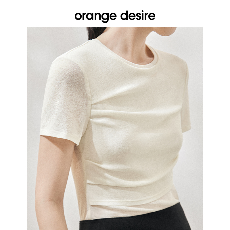 orange desire围裹式圆领短袖T恤女2024夏季新款简约随性白色上衣 - 图0