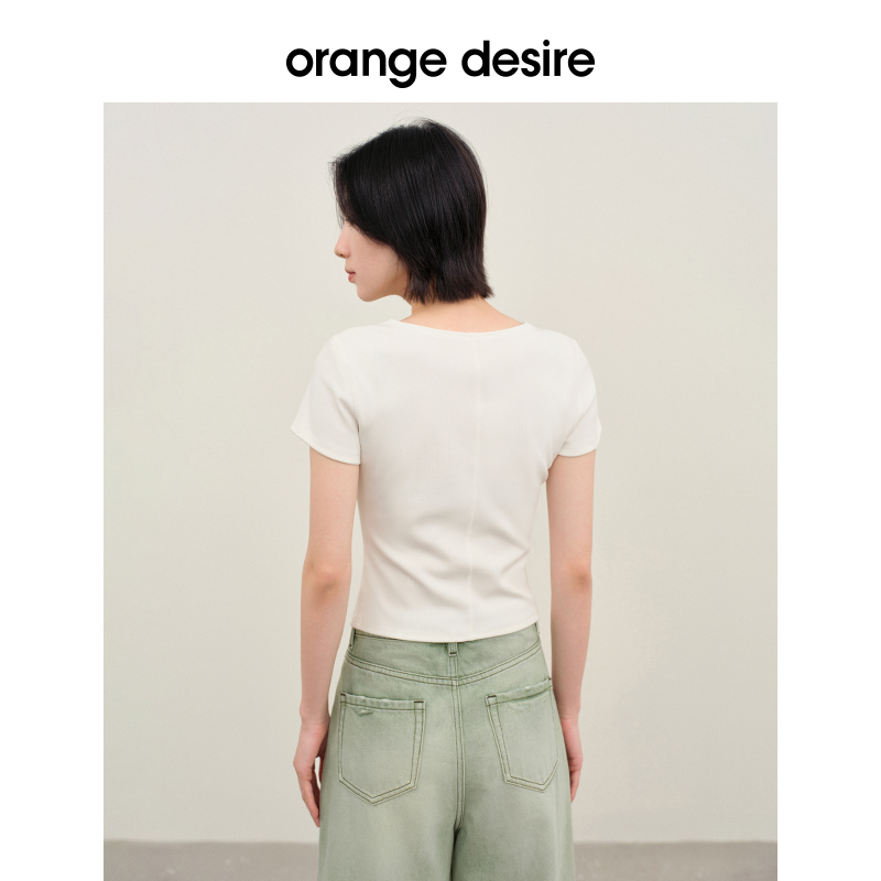 【U领天鹅颈】orange desire休闲U领半开襟修身T恤女2024夏季新款 - 图3