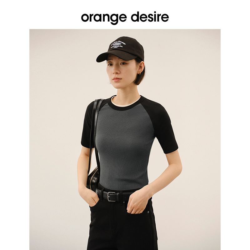 【显瘦T】orange desire升级百搭撞色插肩短袖T恤2024春新圆领 - 图2