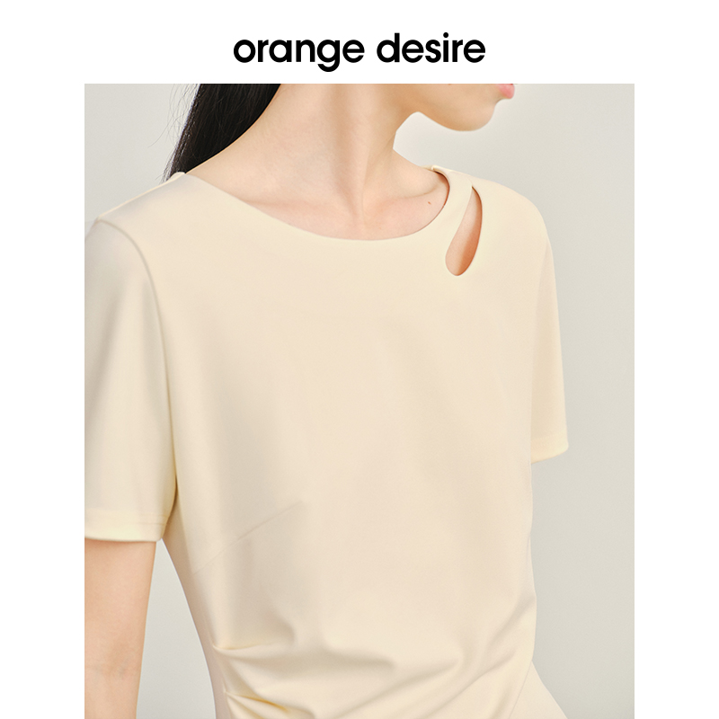 orange desire气质镂空水滴领捏褶连衣裙女2024夏季新款显瘦裙子 - 图0