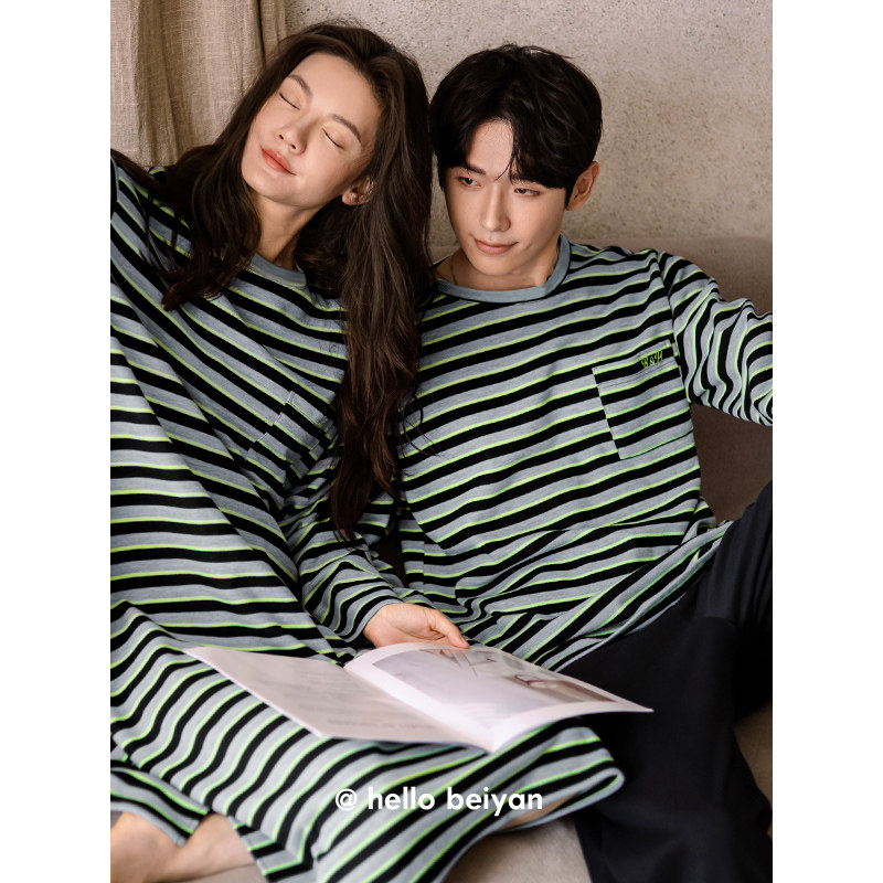 贝妍情侣睡衣女春秋新款撞色条纹宽松睡裙柔软棉长袖男家居服套装,淘宝优惠券,粉丝福利购,淘宝优惠卷