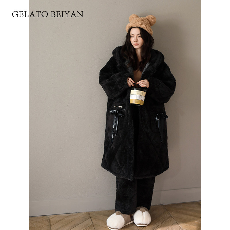 贝妍冬季夹棉袄加绒长款珊瑚绒睡袍 贝妍睡衣/家居服套装