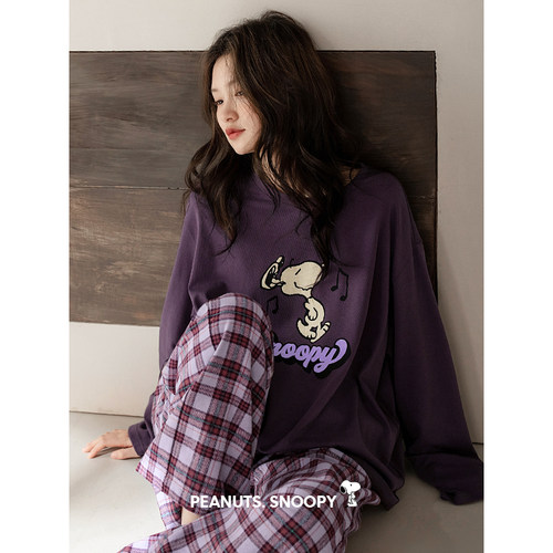 贝妍睡衣女春秋新款柔软棉史努比家居服可爱少女长袖长裤大码套装 - 图3