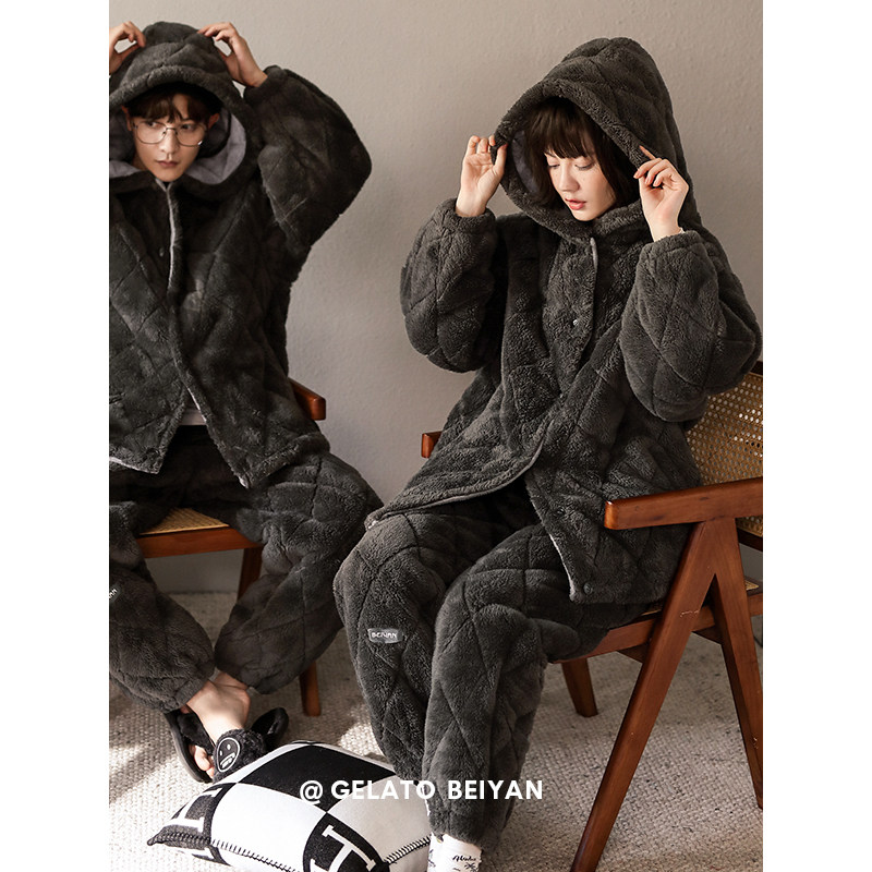 贝妍冬季保暖棉袄情侣连帽三层睡衣 贝妍睡衣/家居服套装