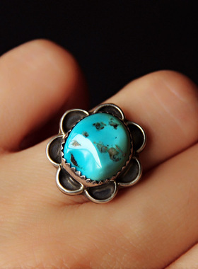 美国复古孤品绿松石纯银戒指